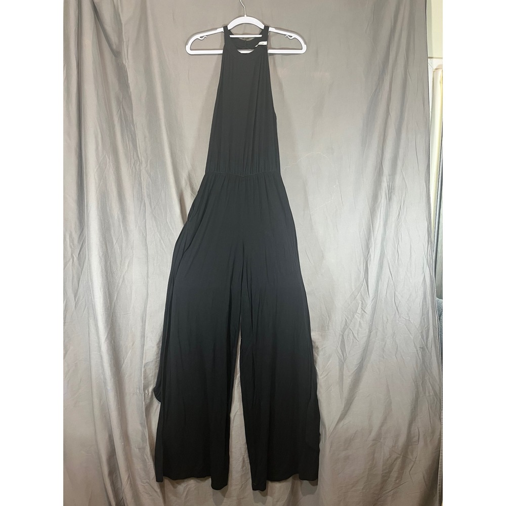 Yellow Cabbage Black Halter Neck Wide Leg Jumpsuit with Pockets Sleeveless